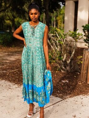 Free People Boho Maxi Dress – Teal & Blue Floral